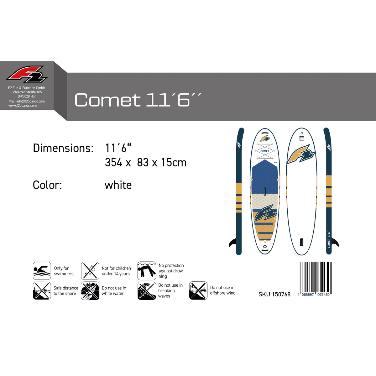 F2 SUP Stand Up Paddle Board Comet White - Complete set, sizes and accessories selectable