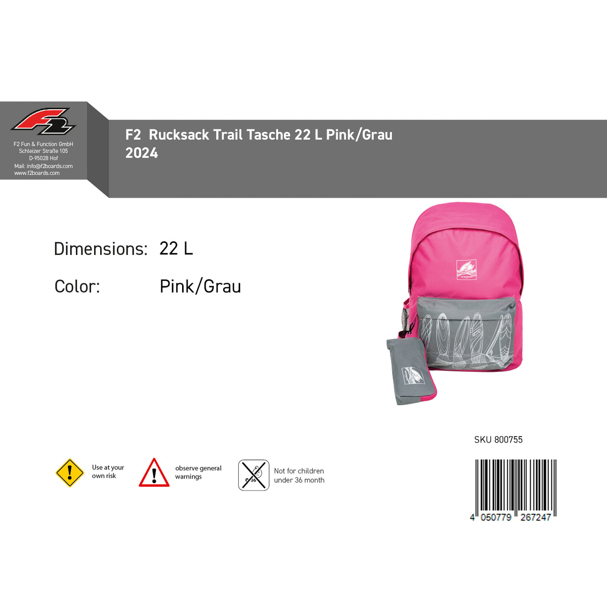 F2 Backpack Trail Bag 22 L Pink/Grey