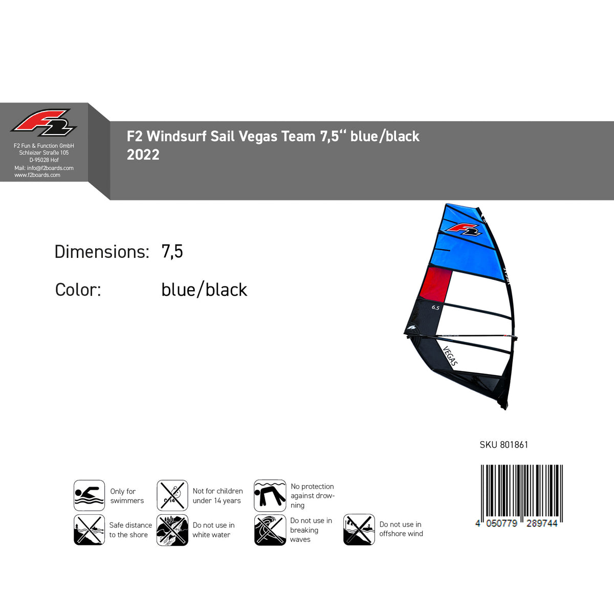 F2 Sale Windsurf Segel Vegas Team 7,5qm Blau/Schwarz Modell 2022 NEU Sail Only