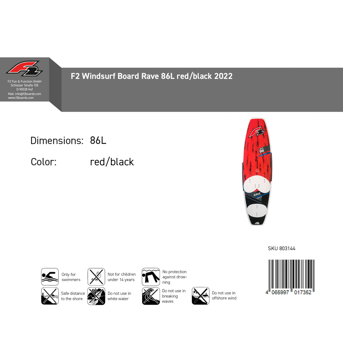 F2 Sale Windsurfboard Rave 86L Red/Black 2022/23 Model NEW