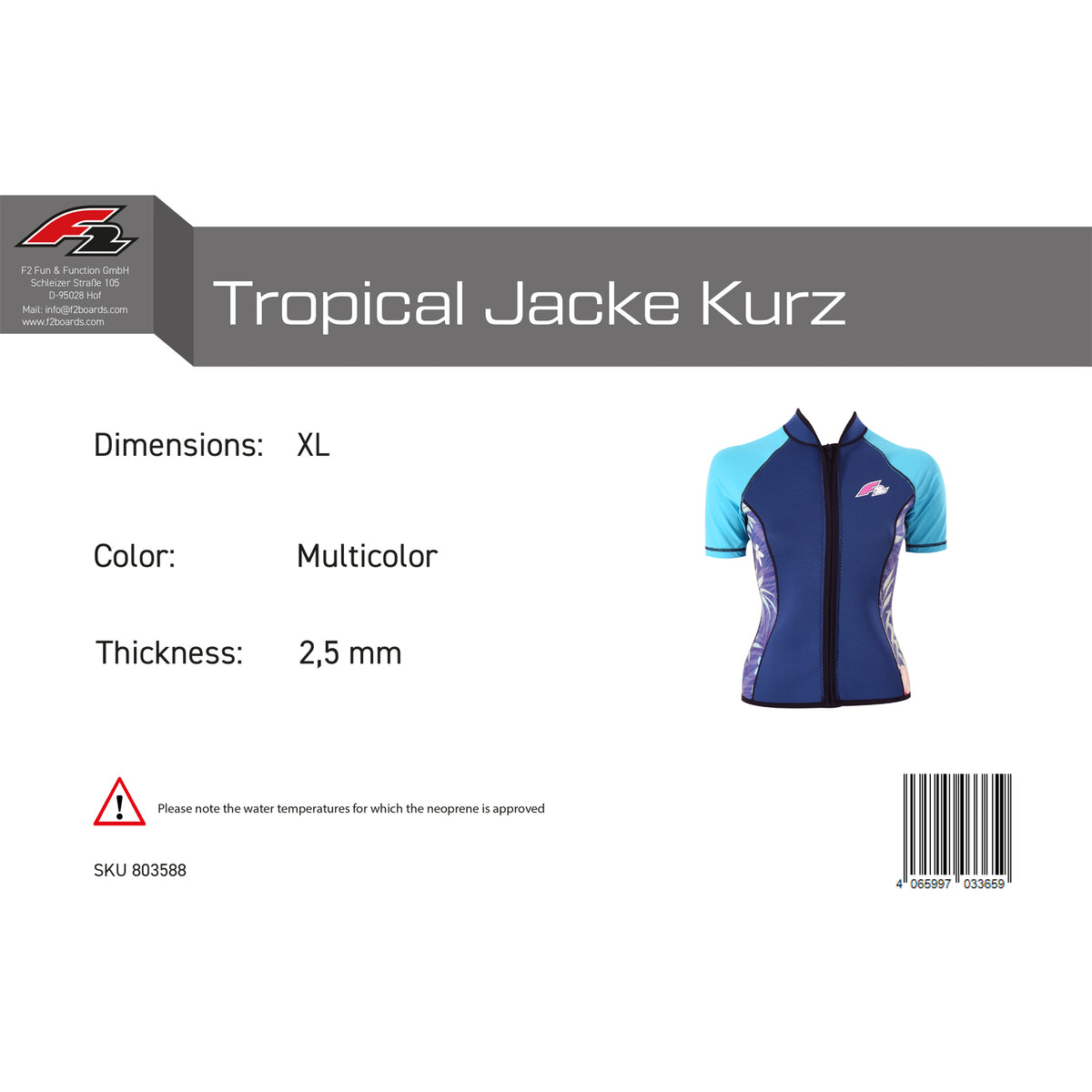 F2 Women's Neoprene Top Tropical Jacket Short 2.5mm Size Selectable Multicolor