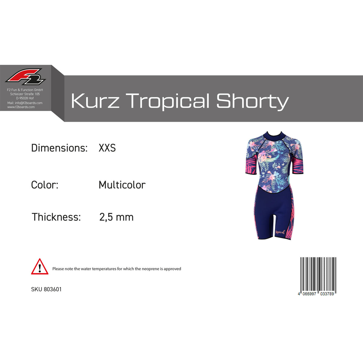 F2 Damen Neopren Anzug Kurz Tropical Shorty 2,5mm Größe wählbar Multicolor