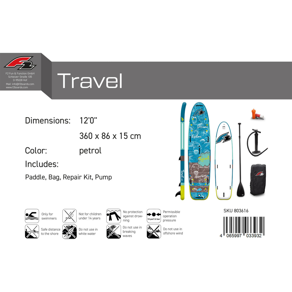 F2 SUP Stand Up Paddle Board Travel WS 12'0''/12'5'' selectable Blue