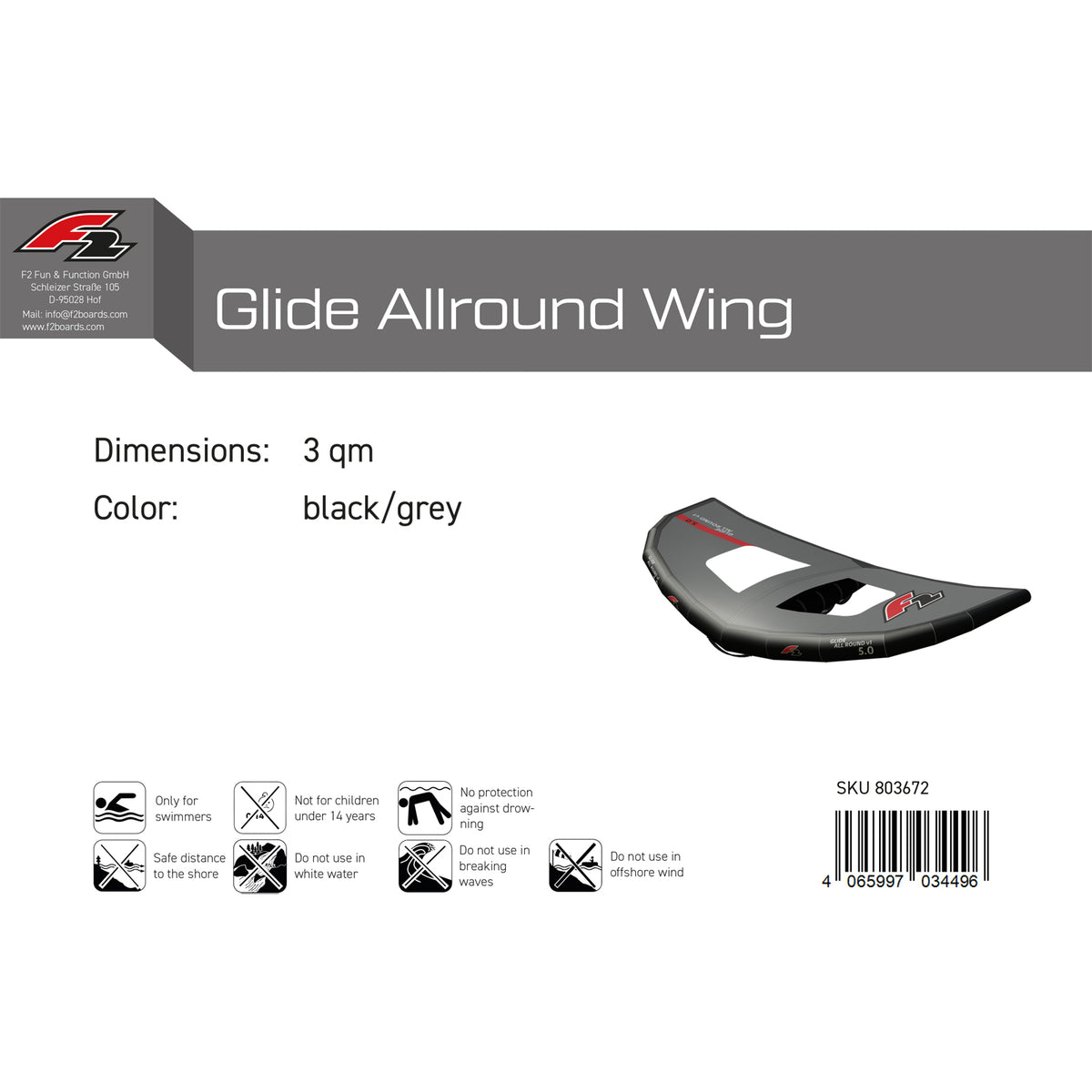F2 Wing Glide Allround Wing 3-6sqm size selectable black/grey