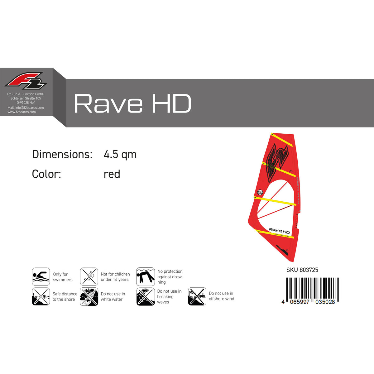 F2 Windsurf Sail Rave HD 2.2-6sqm size selectable Red