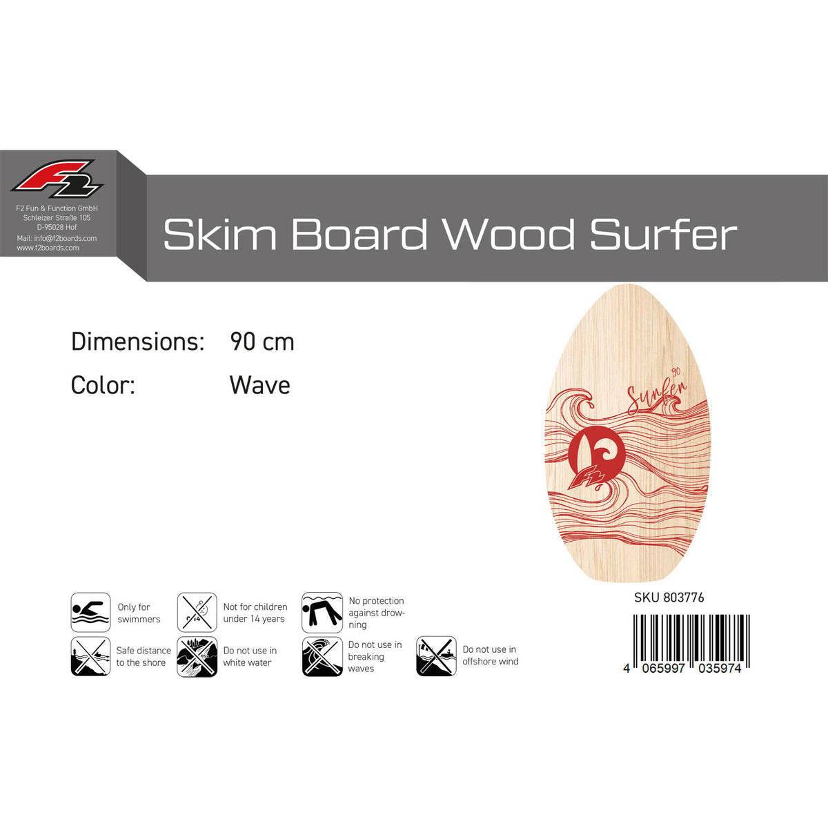 F2 Skimboard Wood Surfer model selectable (103cm Blue - 90cm Red)