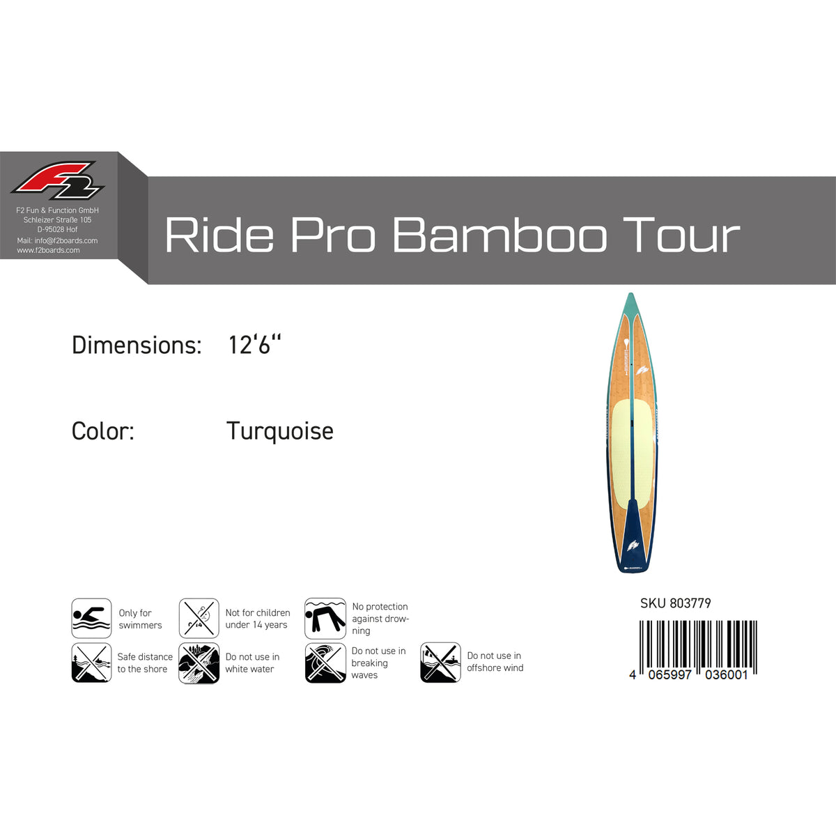 F2 Hard SUP Ride Pro Bamboo Tour 12'6"/14'0" selectable Turquoise