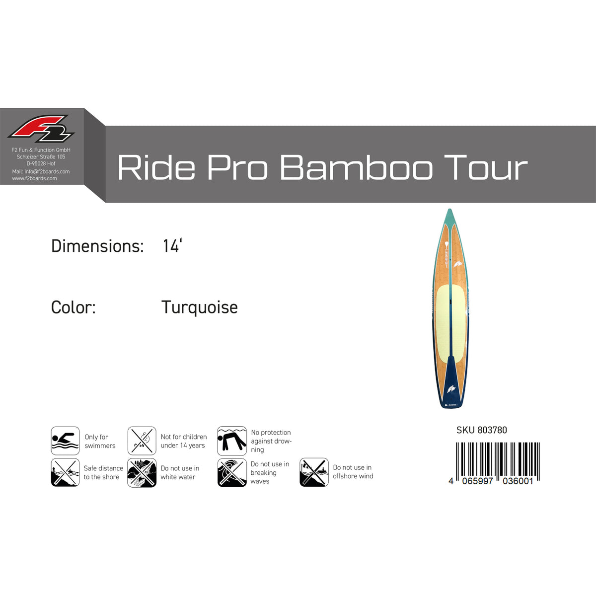 F2 Hard SUP Ride Pro Bamboo Tour 12'6"/14'0" selectable Turquoise