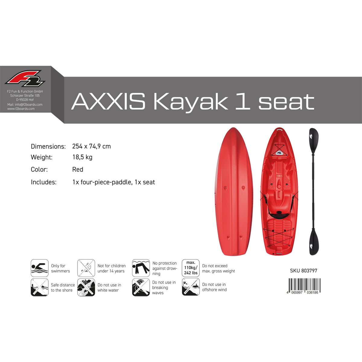 F2 Brand Axxis Kayak - 1-Seater Fishing Kayak with Paddle Red