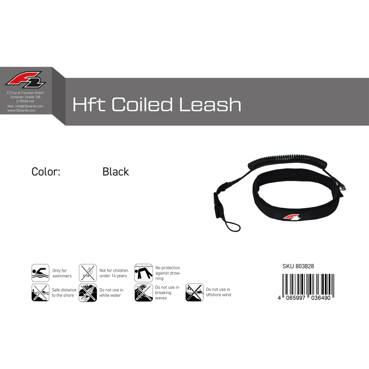 F2 Stand Up Paddling Leash Hüft Coiled Leash Schwarz