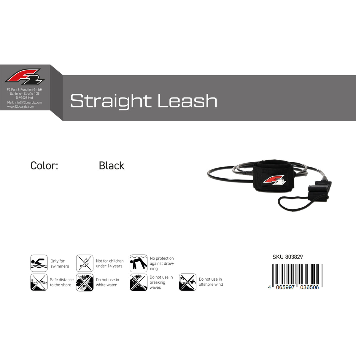 F2 Stand Up Paddling Leash Fuß Straight Leash Schwarz