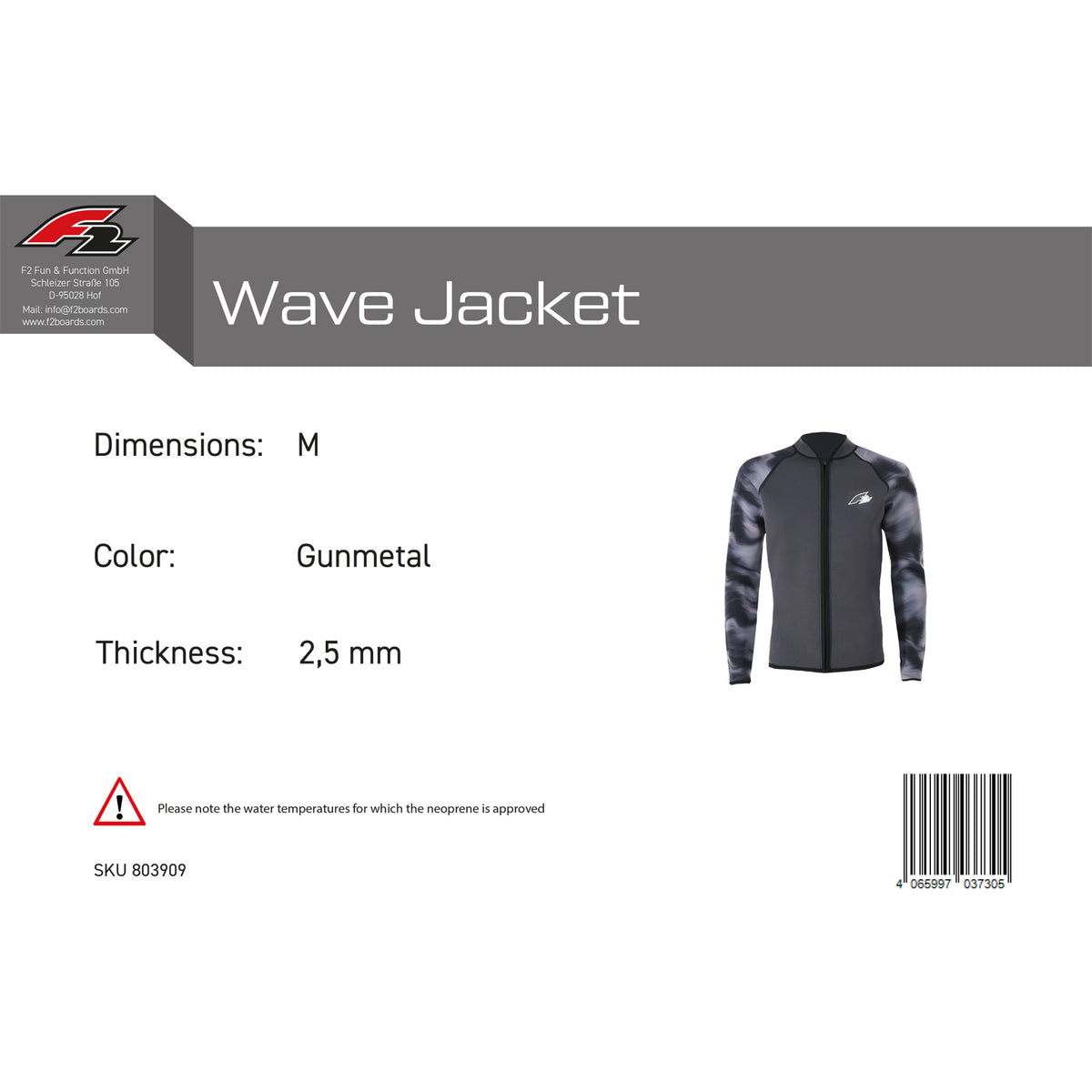 F2 Herren Neopren Oberteil Wave Jacket 2,5mm XS-XXL Größe wählbar Anthrazit