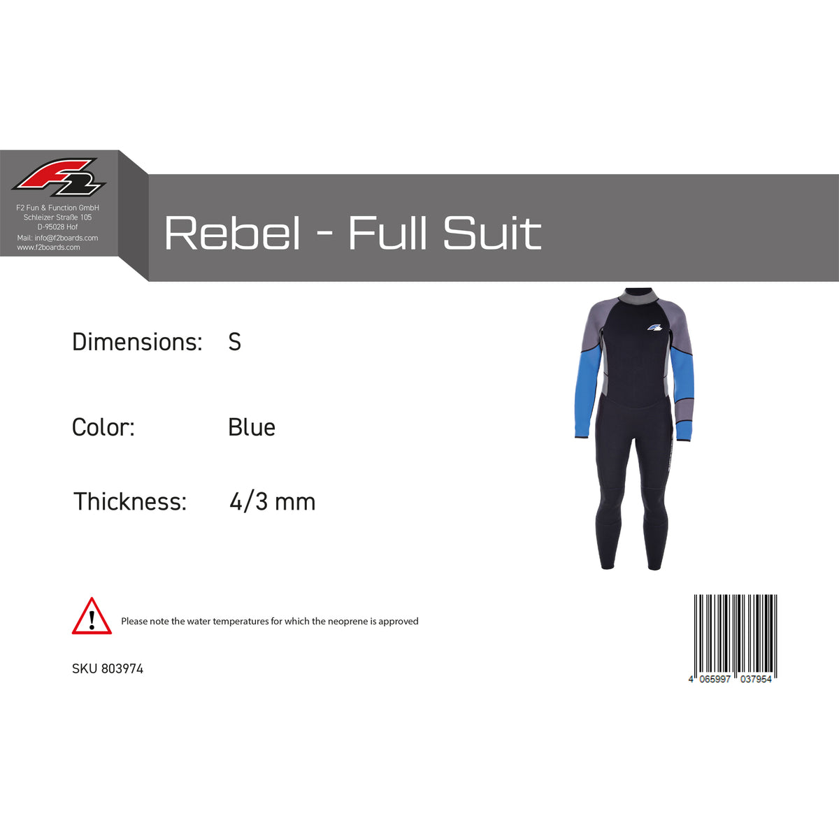 F2 Men's Rebel Neoprene Wetsuit - Full Suit 4/3 mm color/size selectable