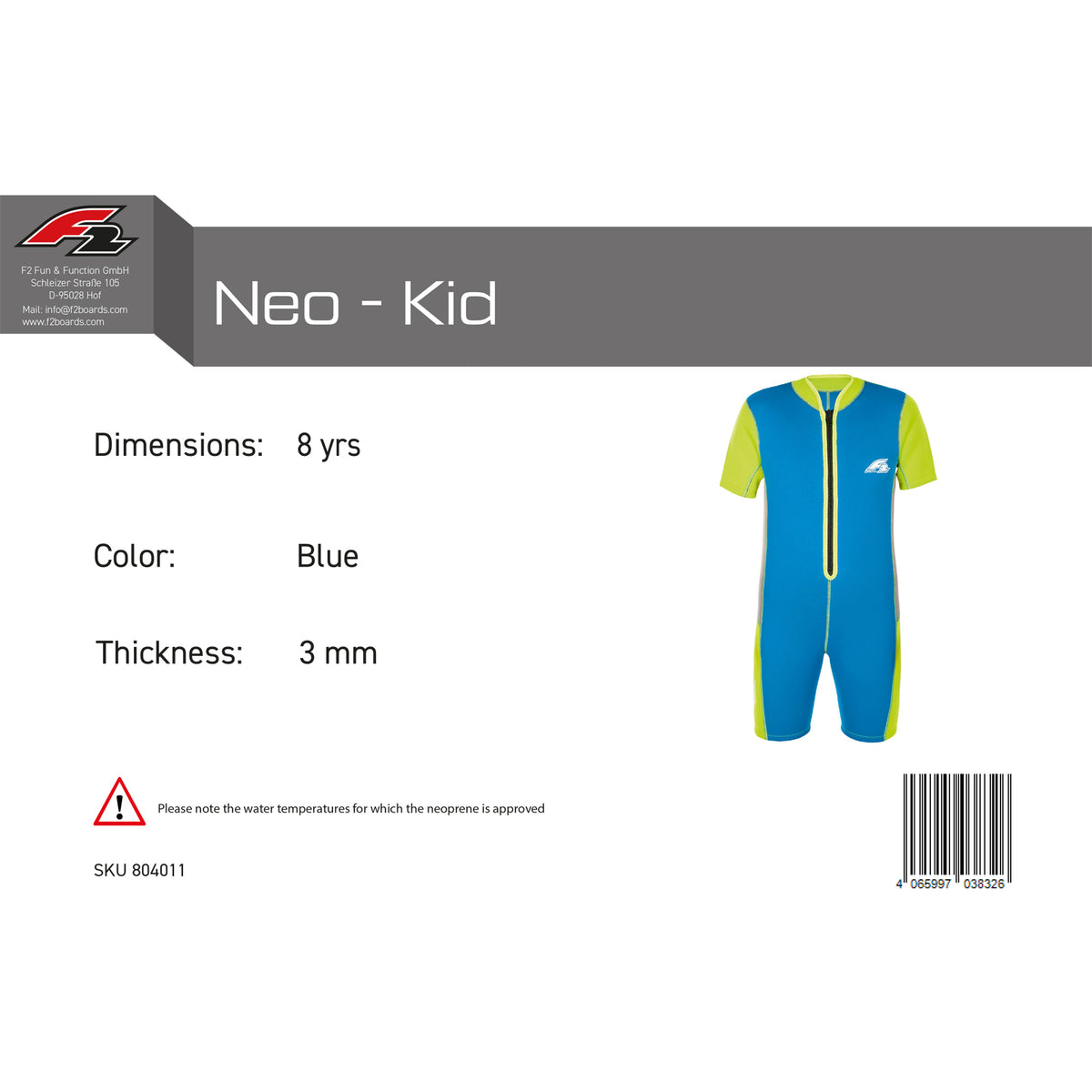 F2 Junior Neopren Anzug Neo - Kid 3mm 4-14yrs Größe wählbar Blau