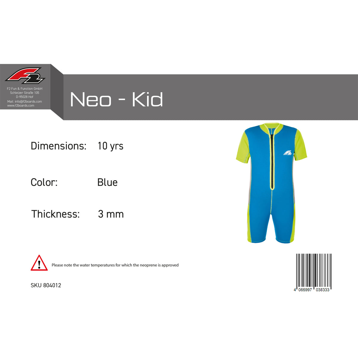 F2 Junior Neopren Anzug Neo - Kid 3mm 4-14yrs Größe wählbar Blau