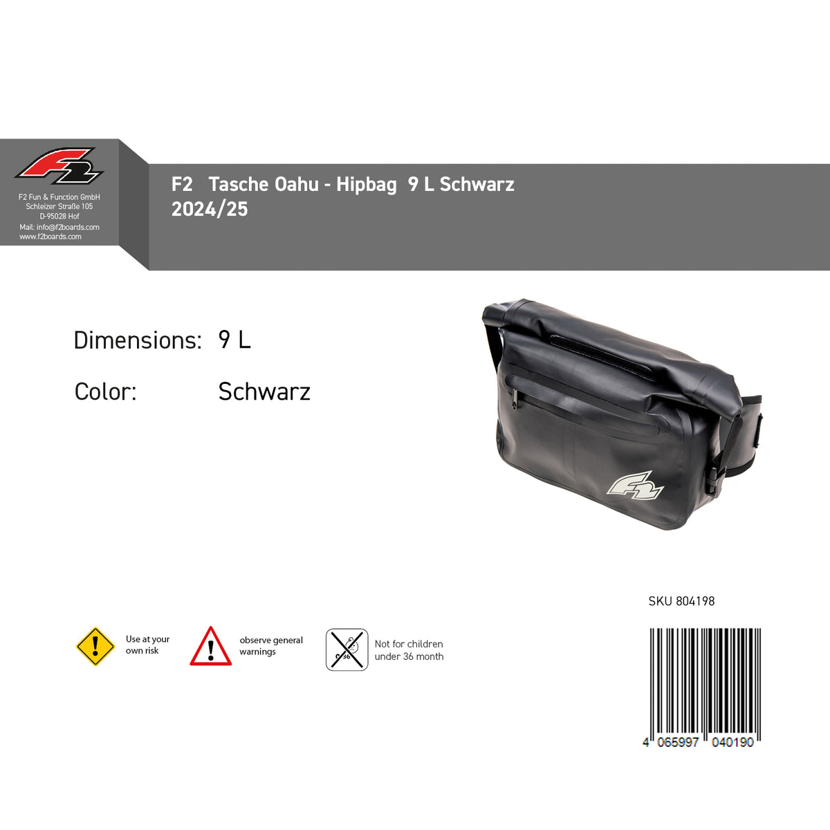 F2 Tasche Oahu - Hipbag 9 L Schwarz