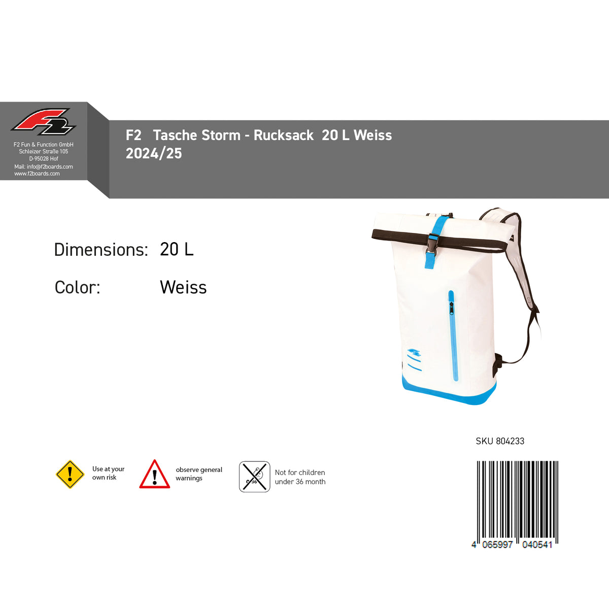 F2 Tasche Storm - Rucksack 20 L Weiss