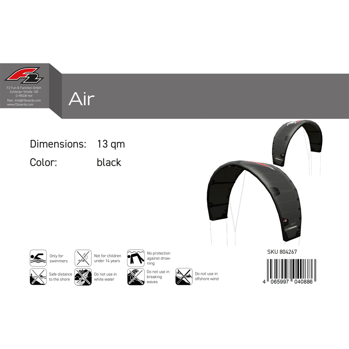 F2 Kite Air V4 8-13sqm size selectable black