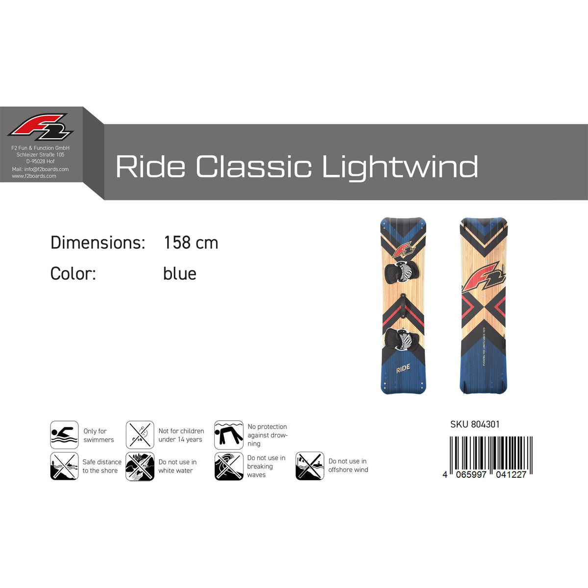 F2 Kiteboard Ride Classic Lightwind Wood size/color selectable