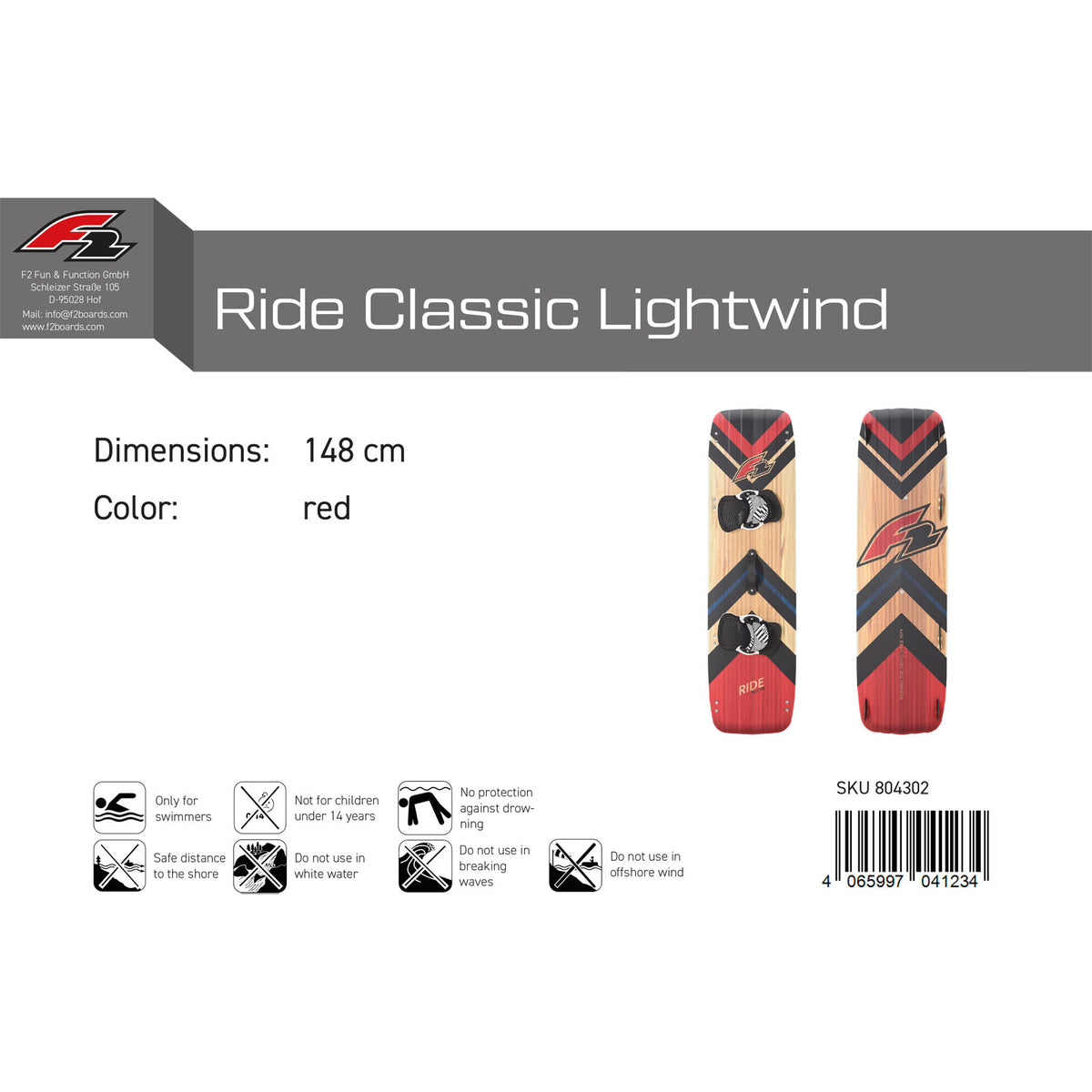 F2 Kiteboard Ride Classic Lightwind Wood size/color selectable