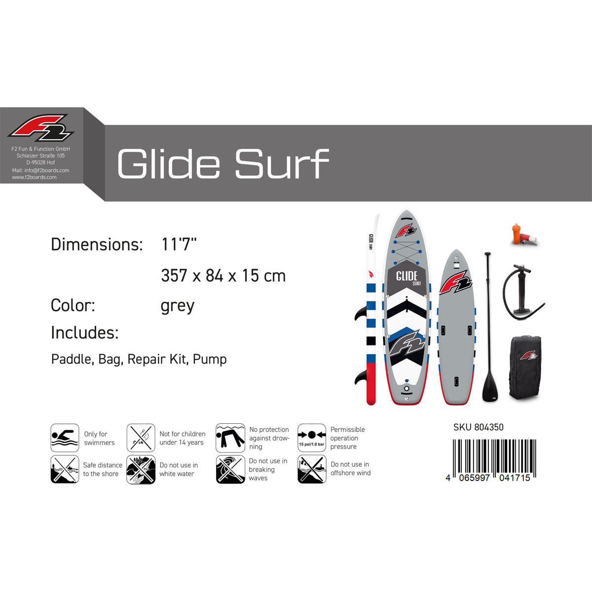 F2 SUP Stand Up Paddle Board Glide Surf 10'2''/10'8"/11'7" selectable Grey
