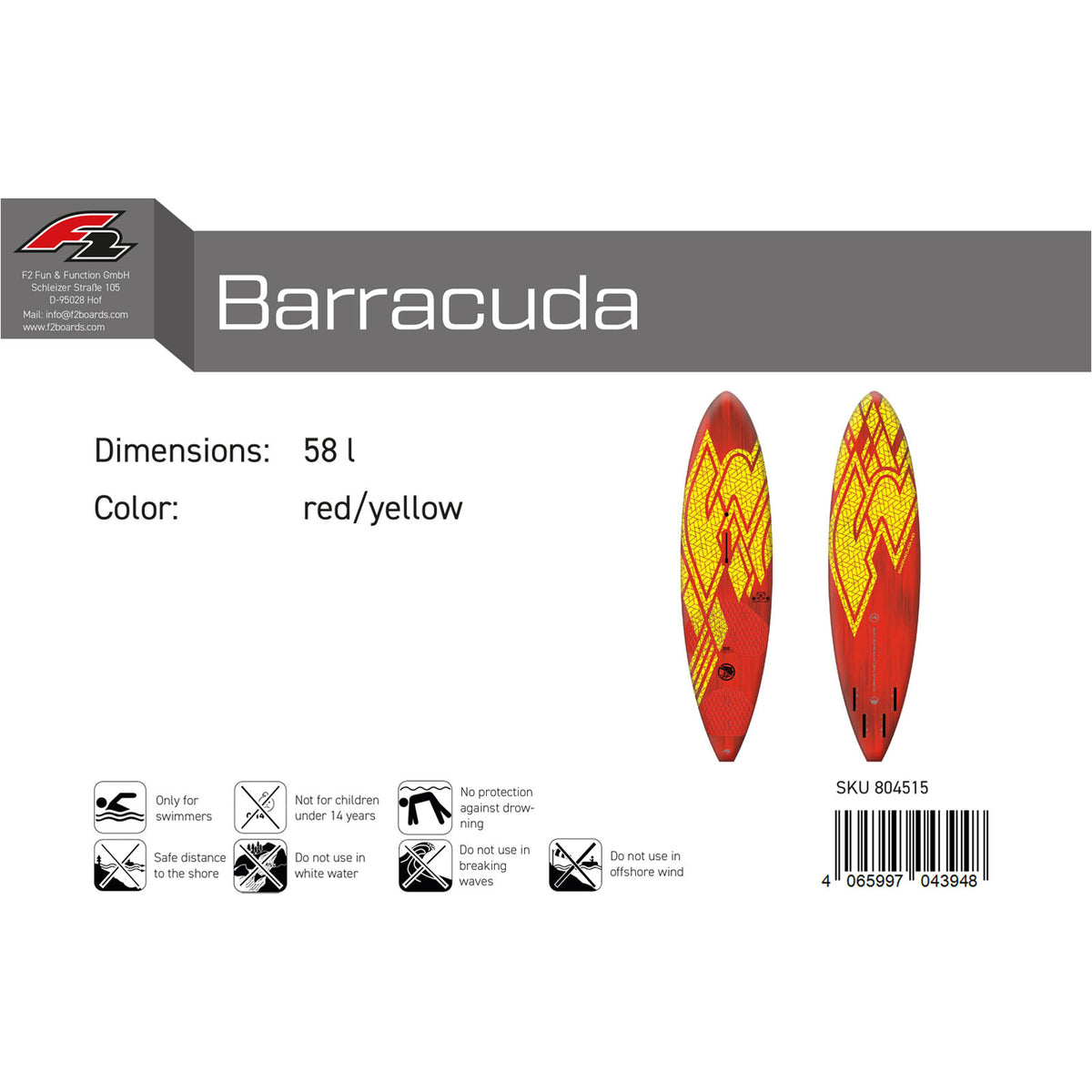 F2 Junior Windsurfboard Barracuda HD Youth 52-66L selectable Red/Yellow