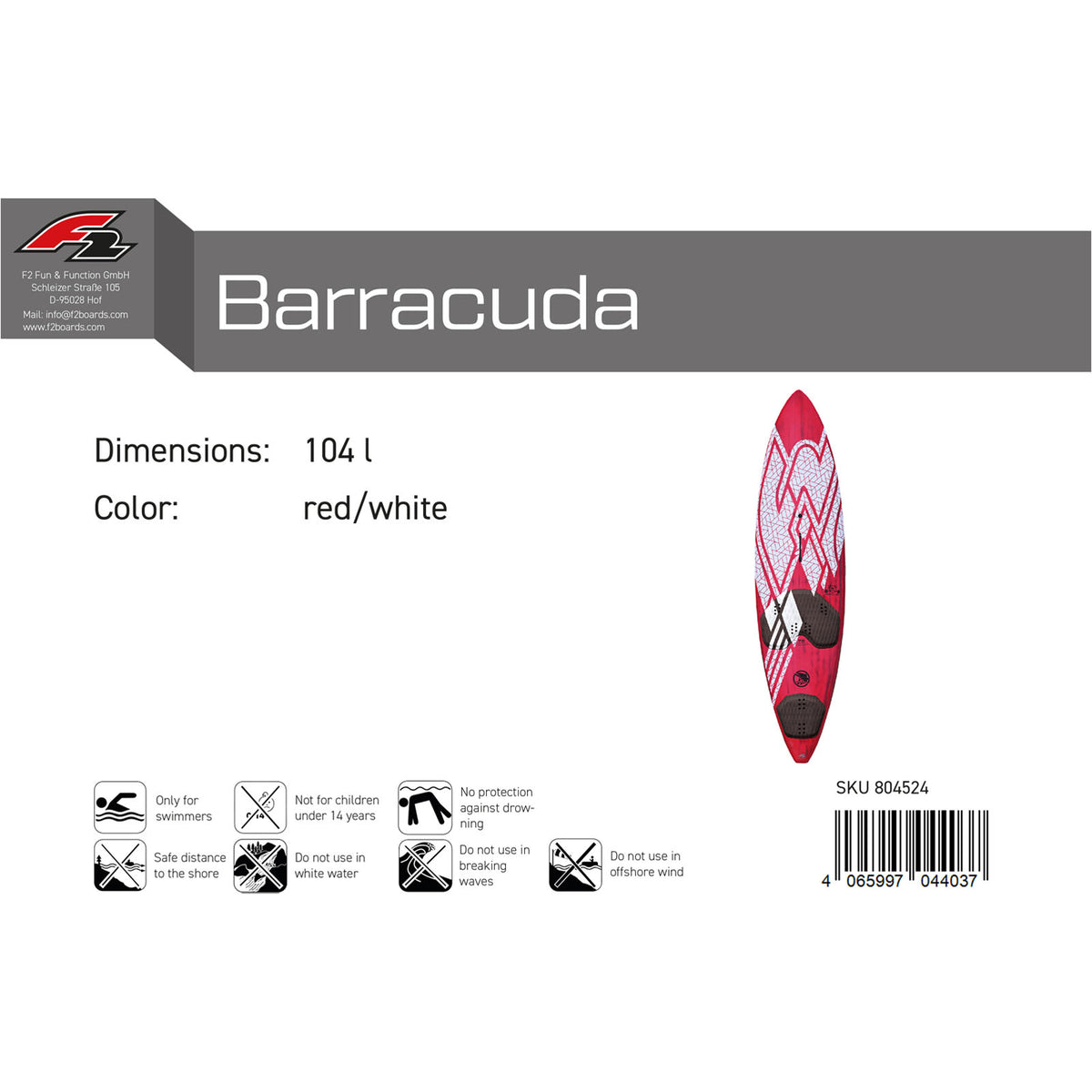 F2 Windsurf board Barracuda Pro 94-104L size selectable red/white