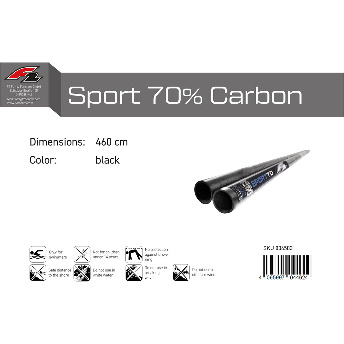 F2 Windsurf Mast Sport 70% Carbon RDM 270-460cm Größe wählen Schwarz