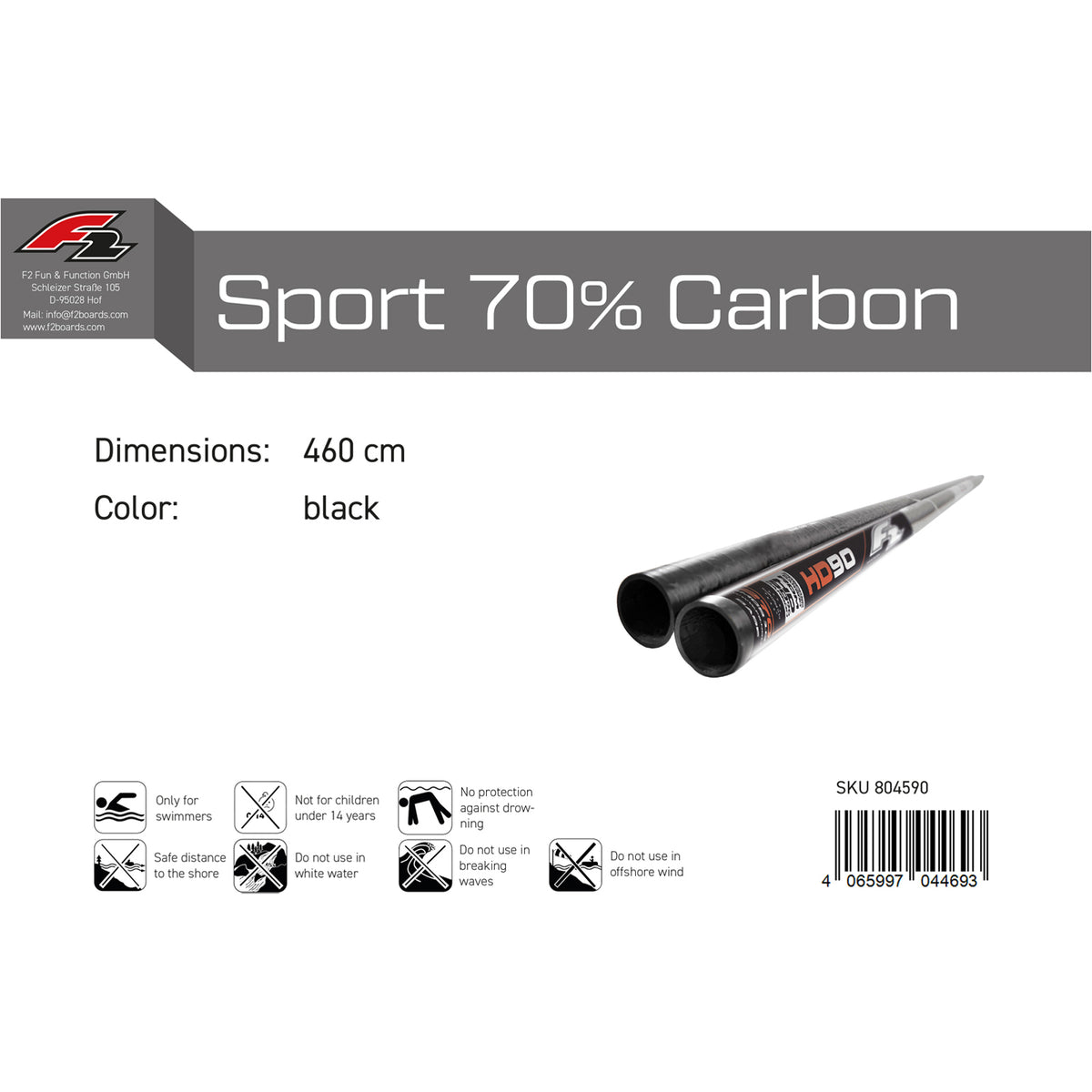 F2 Windsurf Mast Sport 90% Carbon RDM 270-460cm Größe wählen Schwarz