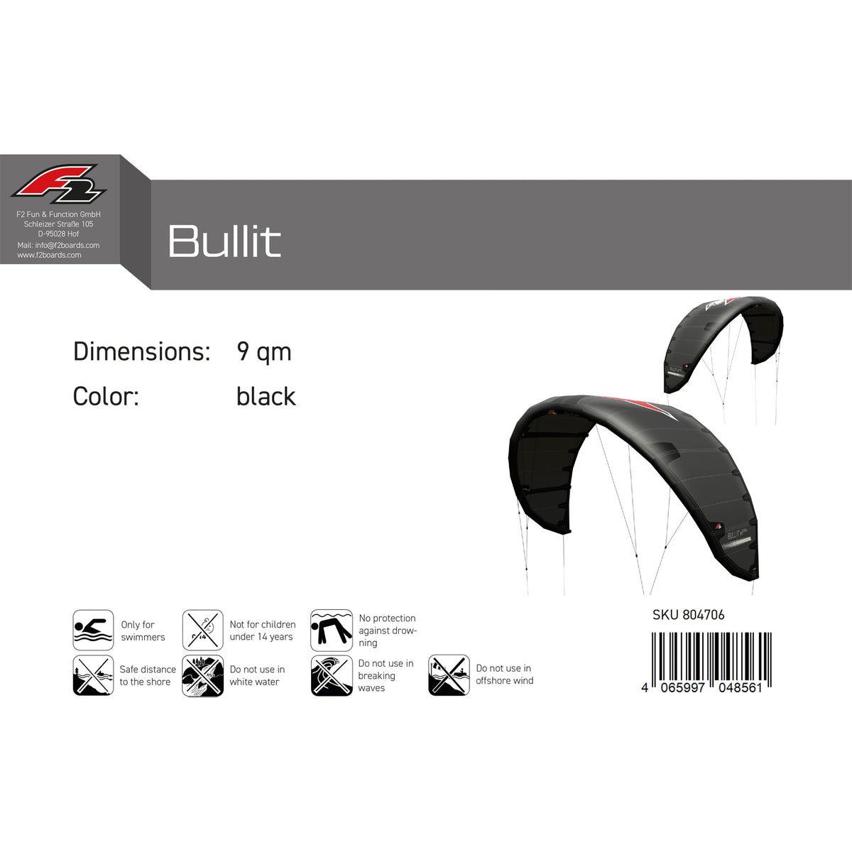 F2 Kite Bullit 7-15qm Größe wählbar Schwarz