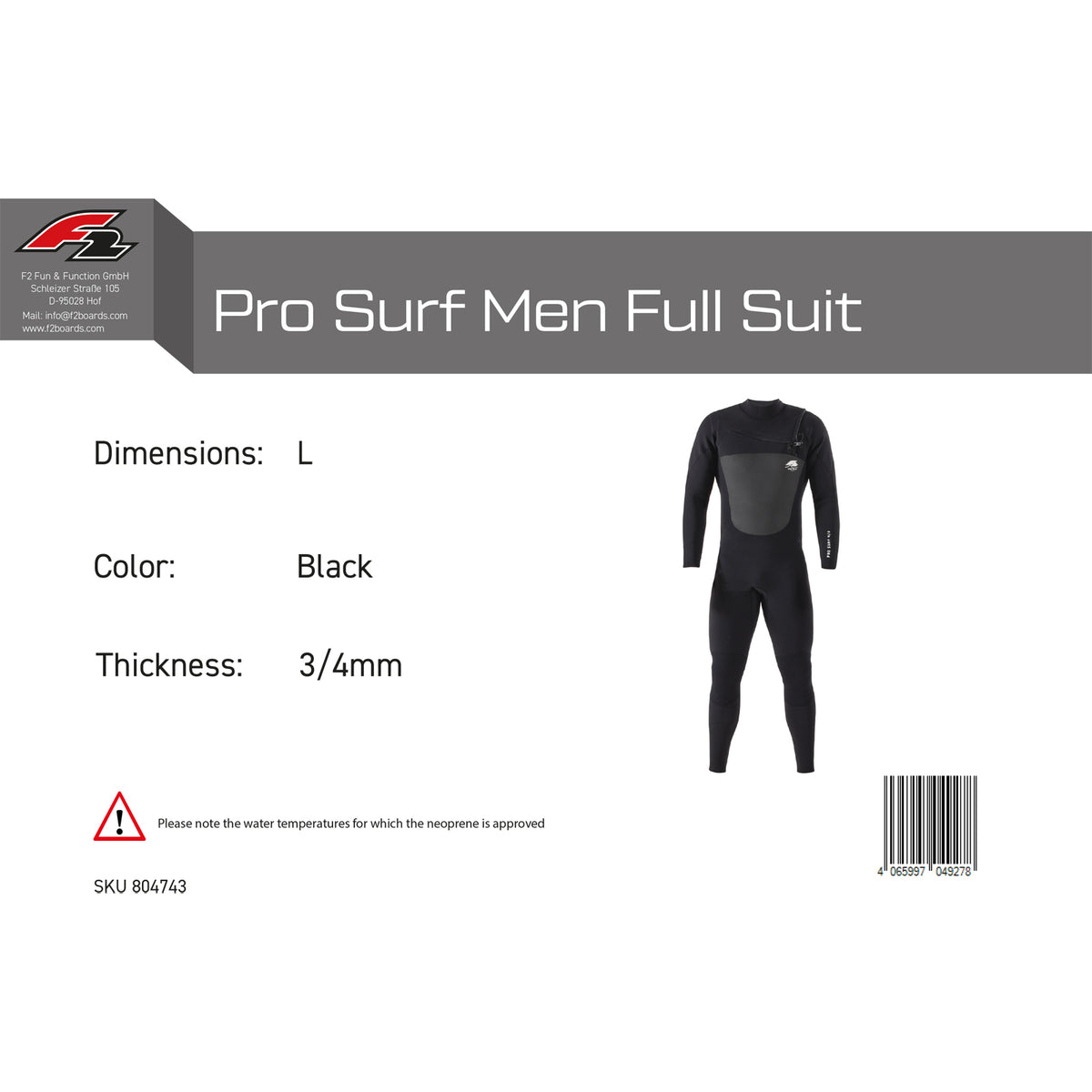 F2 Neoprene Pro Surf Men's Full Suit Long M-XXL 4/3mm Size selectable Black