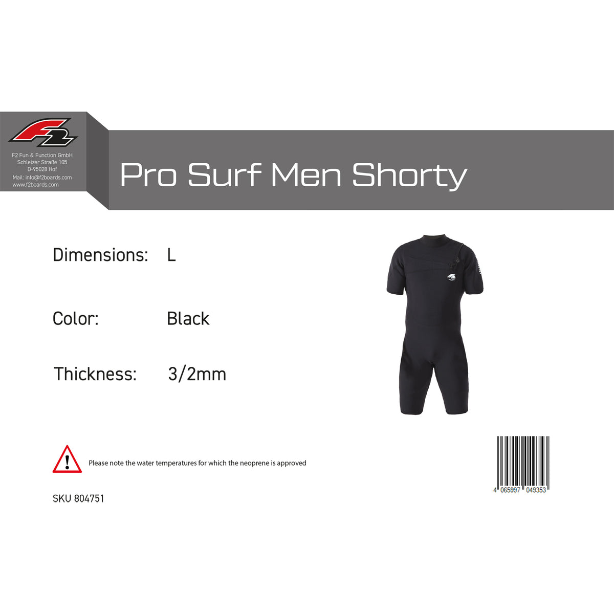 F2 Neopren Anzug Pro Surf Men Shorty Kurz XS-XXL 3/2mm Größe wählbar Schwarz