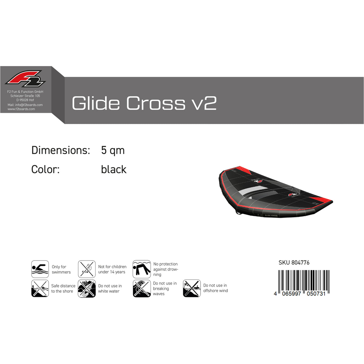 F2 Wing Glide Cross Stiff Handle 3,5-7,5qm Größe wählbar Schwarz