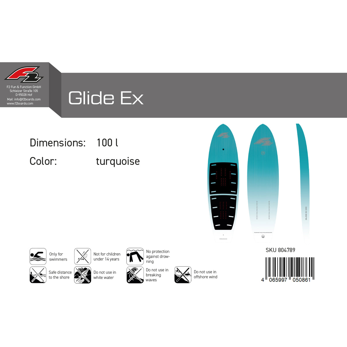 F2 Foil Board Glide Ex Downwind Hardsup 90-135L selectable turquoise