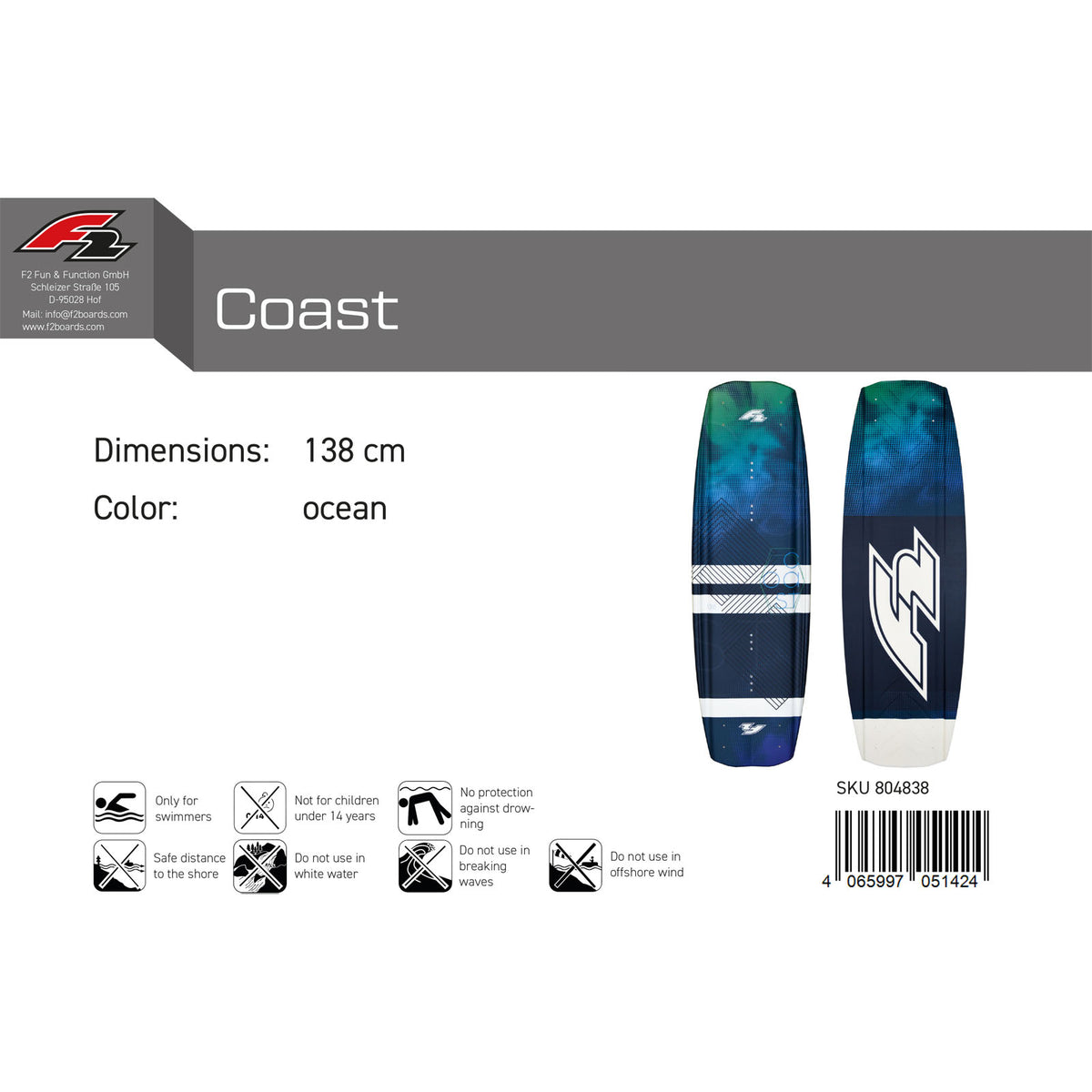 F2 Wakeboard Coast size/color selectable