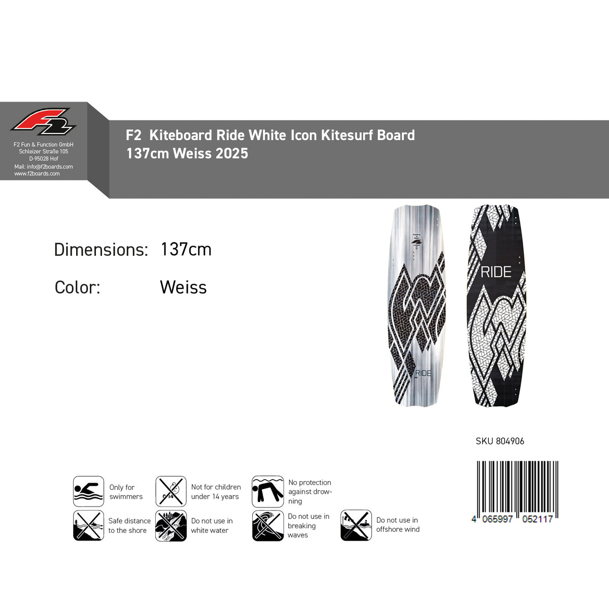 F2 Kiteboard Ride White Icon Kitesurf Board Size selectable White