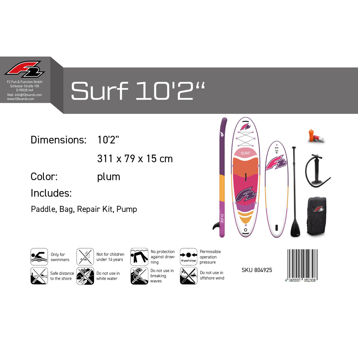 F2 Stand Up Paddle Board Surf SUP Women's 10'2"/10'6" Purple Size selectable