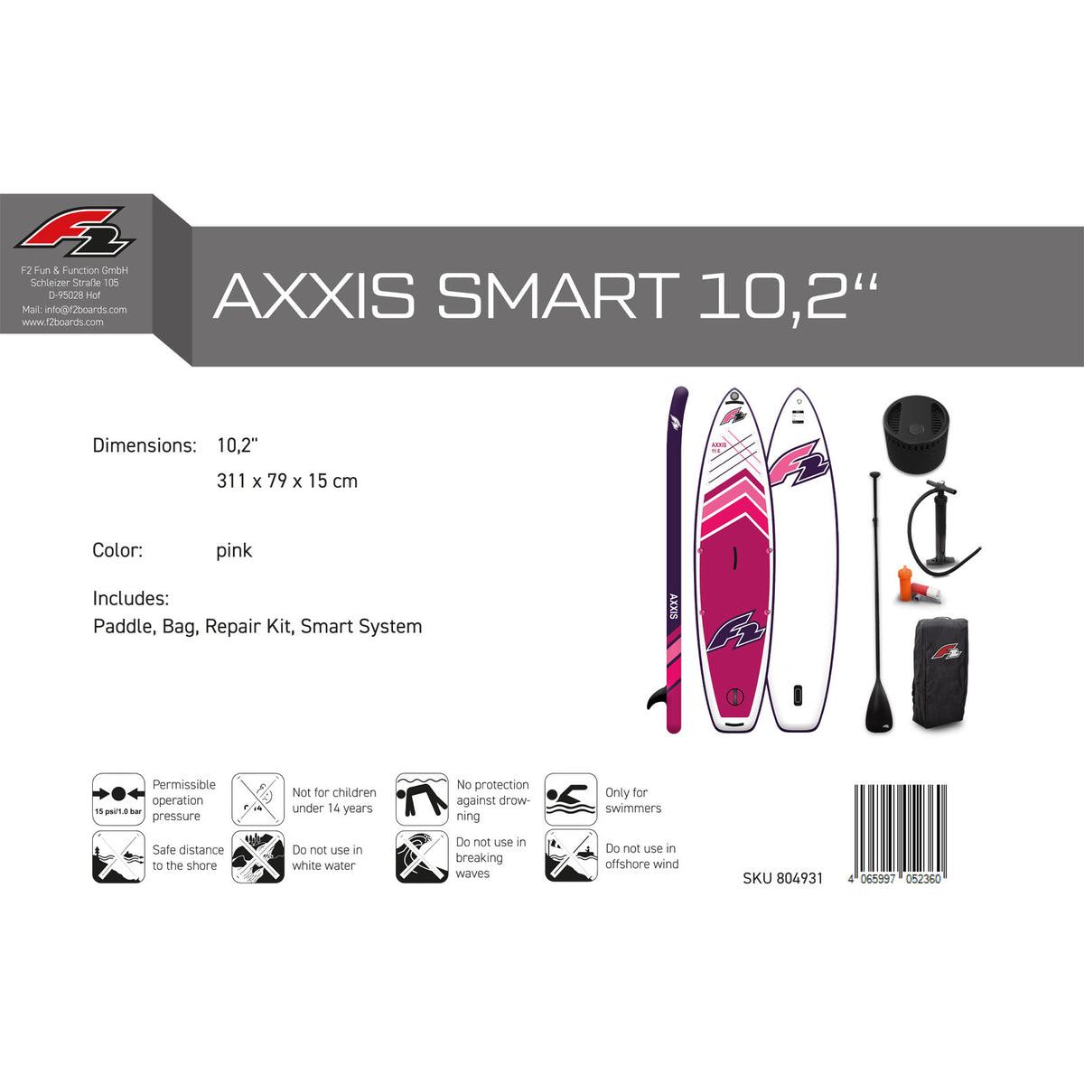 F2 Stand Up Paddle Board AXXIS SMART Women's SUP with E-Pump, size selectable