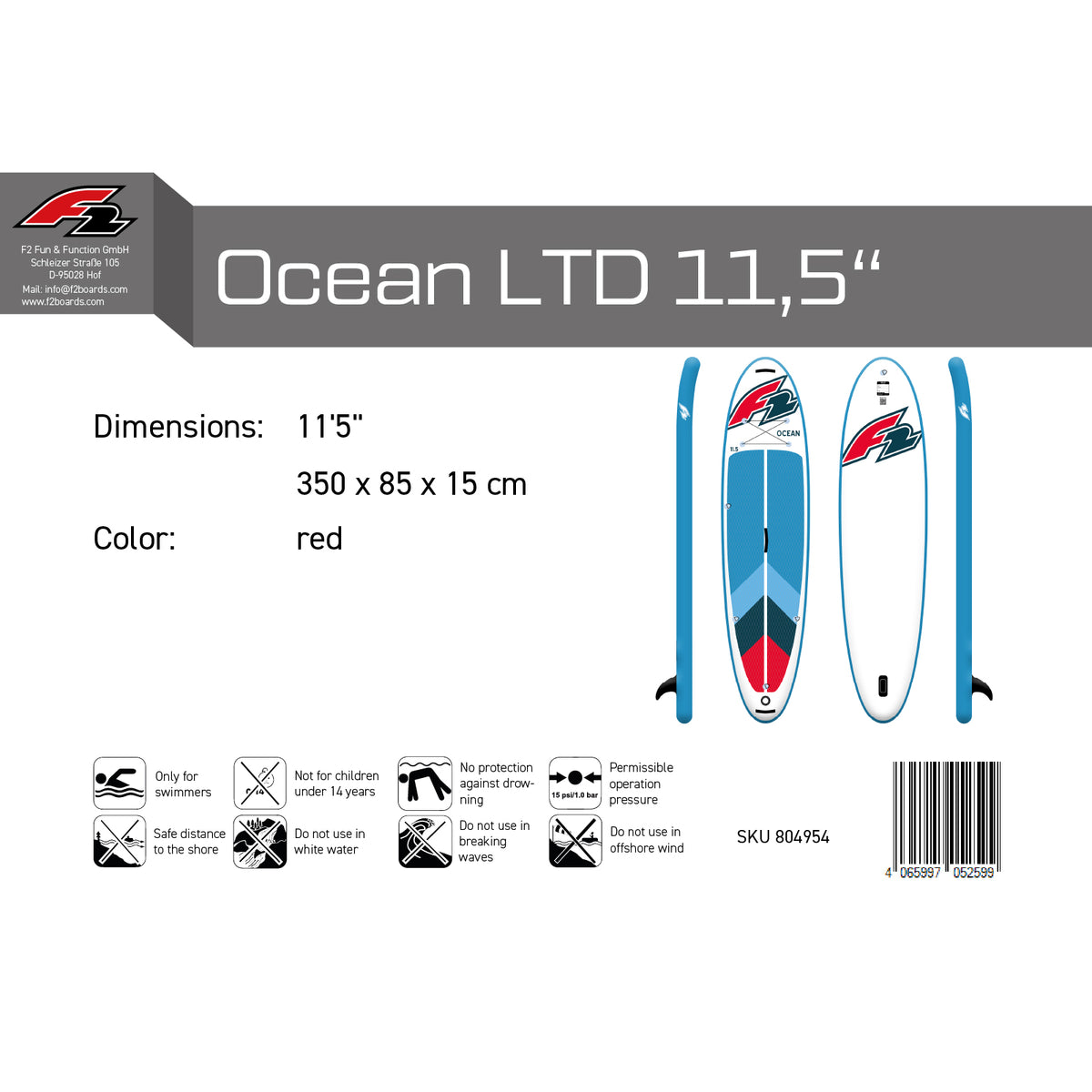 F2 Marken Stand Up Paddle Board ohne Zubehör OCEAN LTD Rot SUP 11'5 350cm