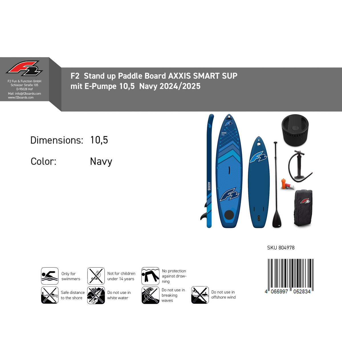 F2 Stand Up Paddle Board AXXIS SMART SUP mit E-Pumpe Größe wählbar Navy