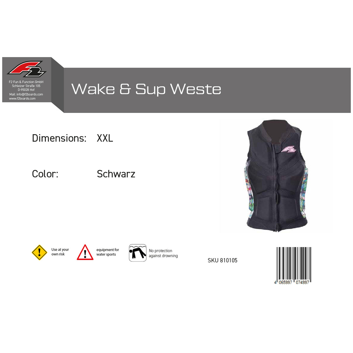 F2 Women's Impact Vest Wake & SUP Vest S-XXL selectable size Black