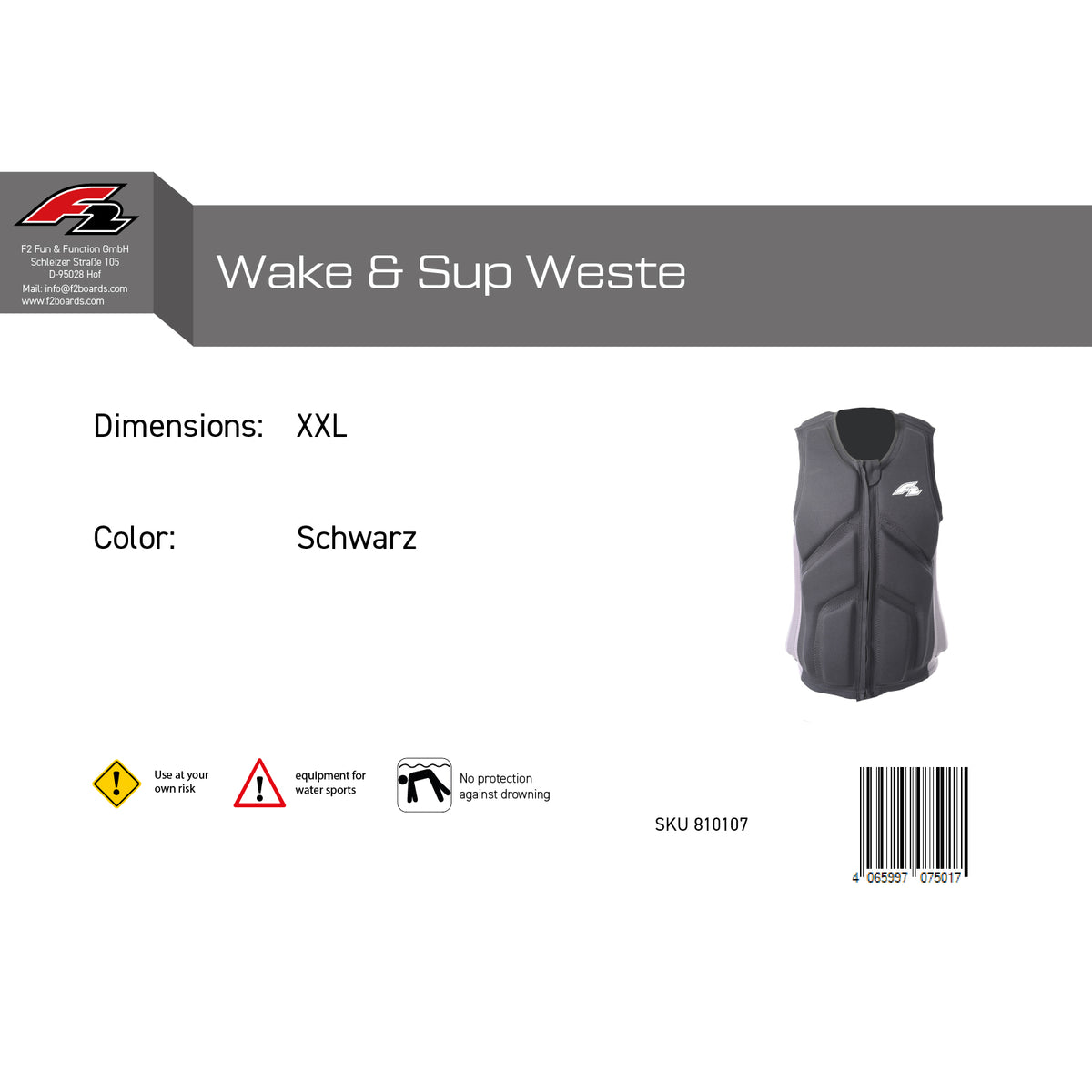 F2 Herren Prallschutz Weste Wake & Sup S-XXL Größe wählbar Schwarz