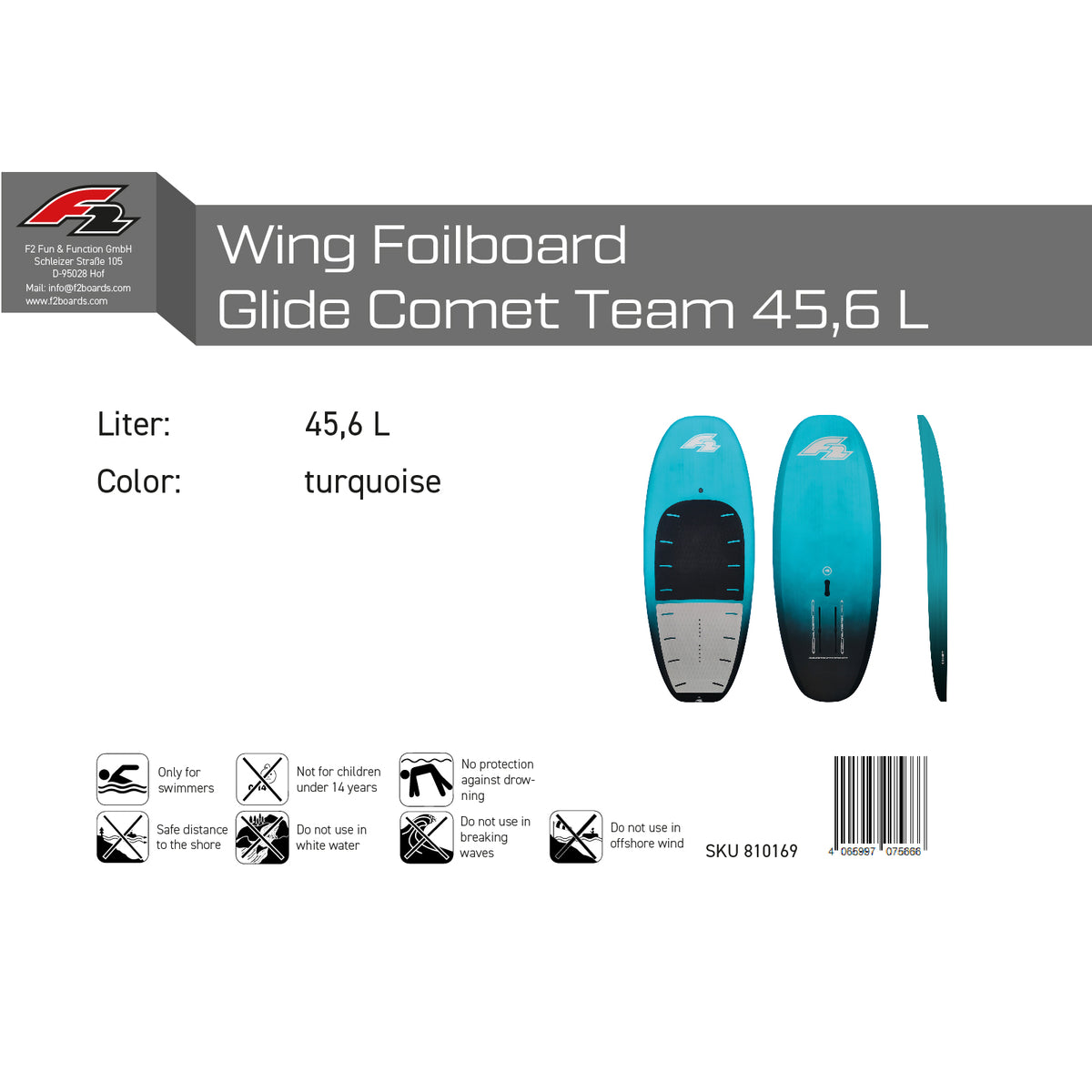 F2 Wing Foilboard Glide Comet Team Foil Board Türkis - Größe wählbar