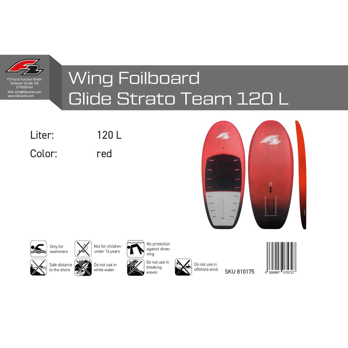 F2 Wing Foilboard Glide Strato Team Foil Board Red - Size selectable