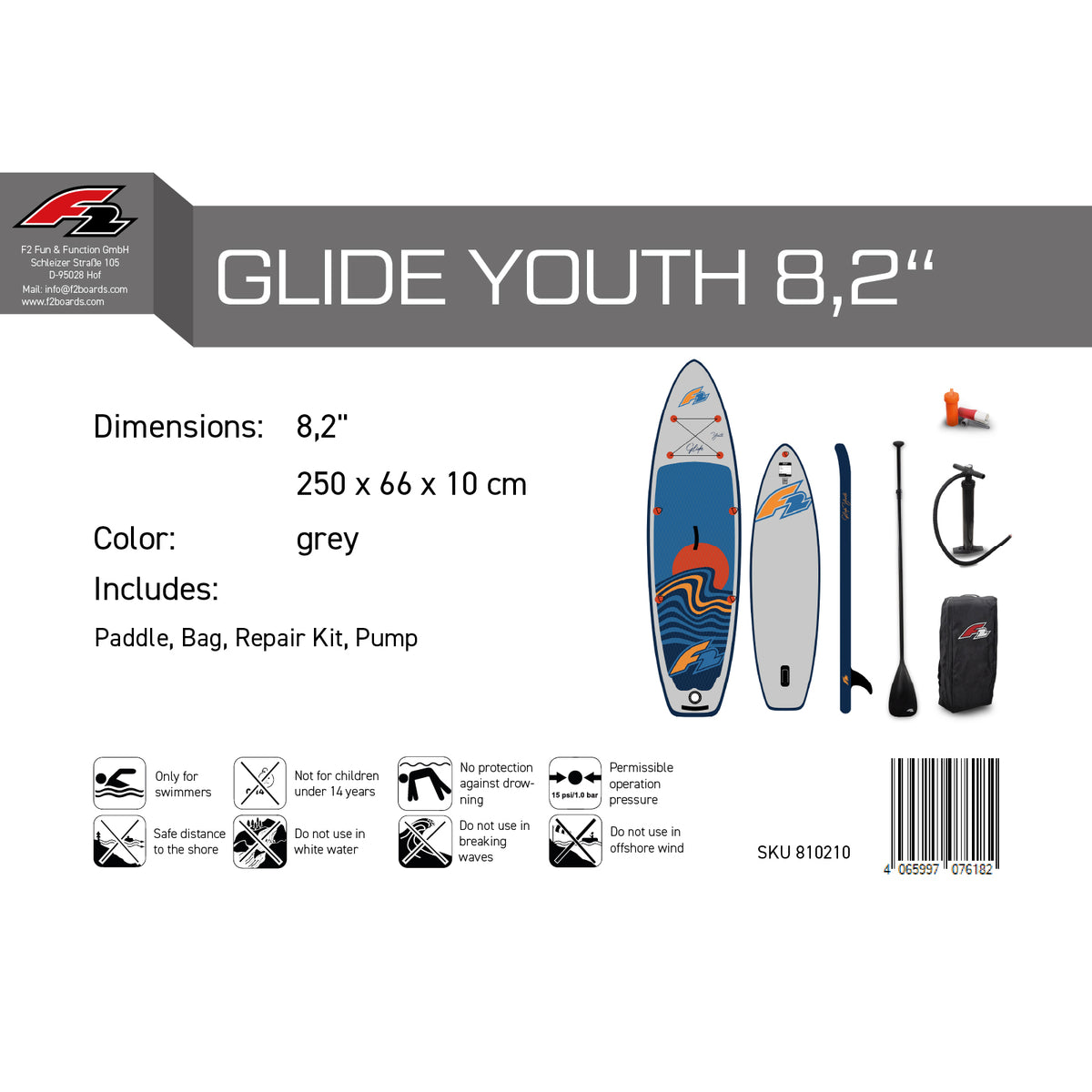 F2 SUP Stand Up Paddle Board Glide Surf Youth Grey - Size selectable