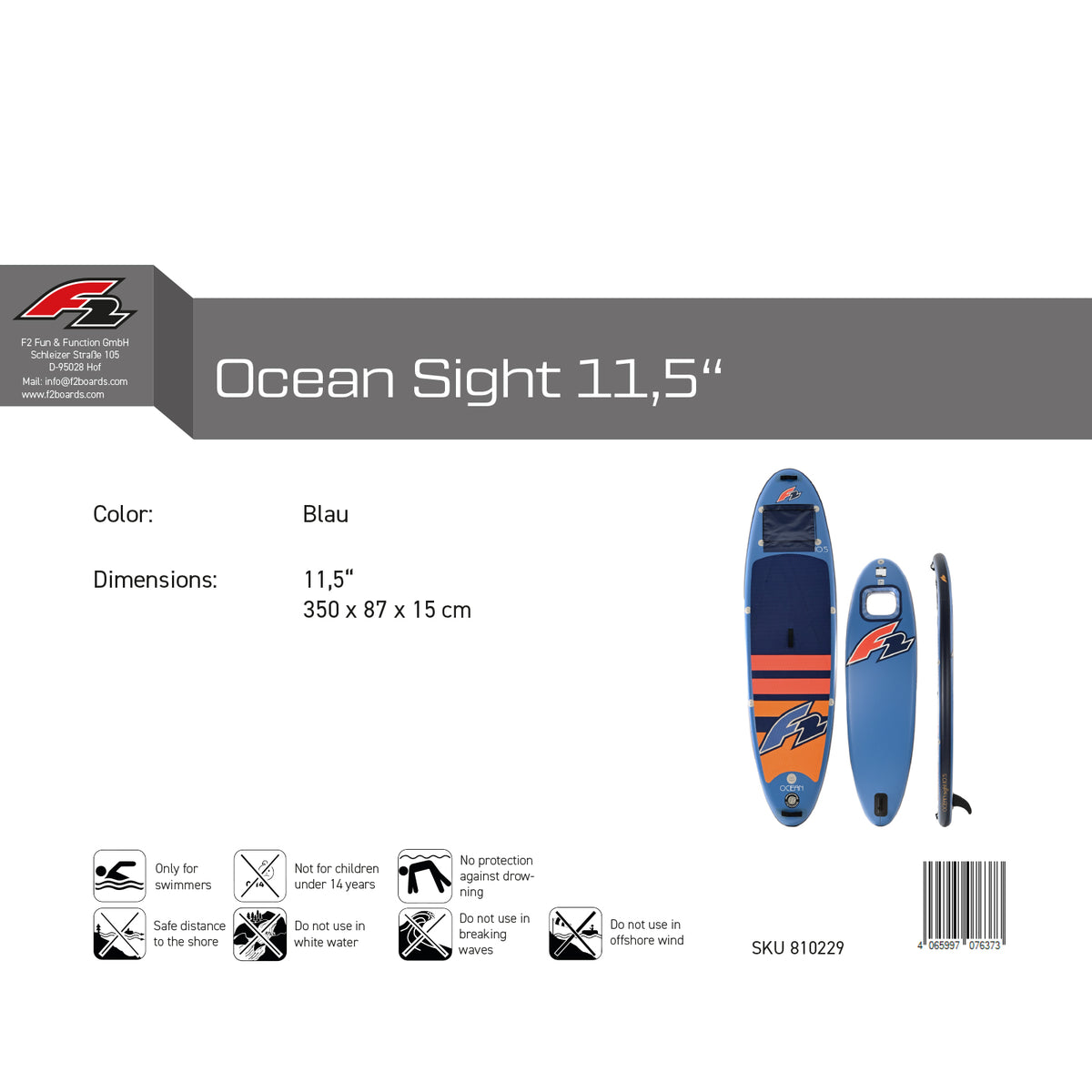 F2 SUP Stand Up Paddle Board ohne Zubehör Ocean Sight Größe/Farbe wählen