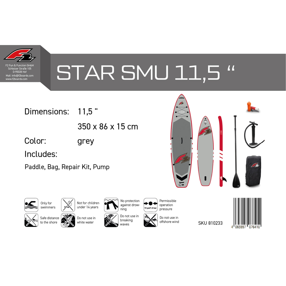 F2 SUP Stand Up Paddle Board Star - Größe/Farbe wählbar
