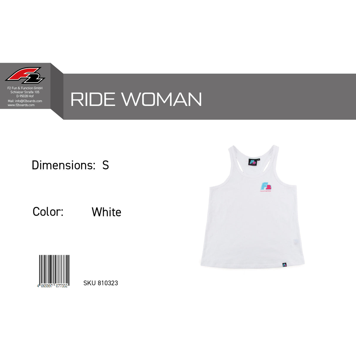 F2 Retro Tank Top Ride Damen Tshirt Ärmellos Tanktop Weiss - Größe wählbar