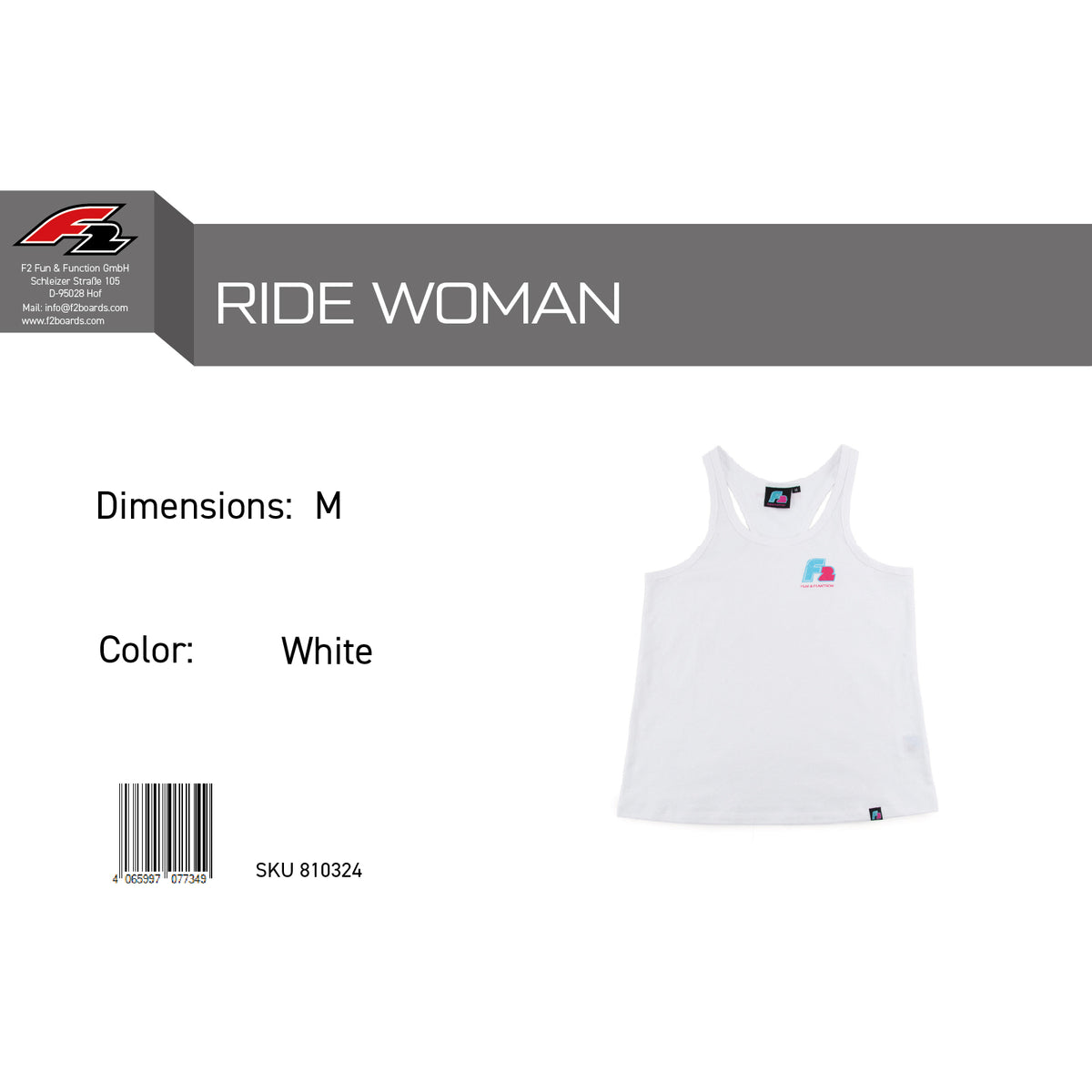 F2 Retro Tank Top Ride Damen Tshirt Ärmellos Tanktop Weiss - Größe wählbar
