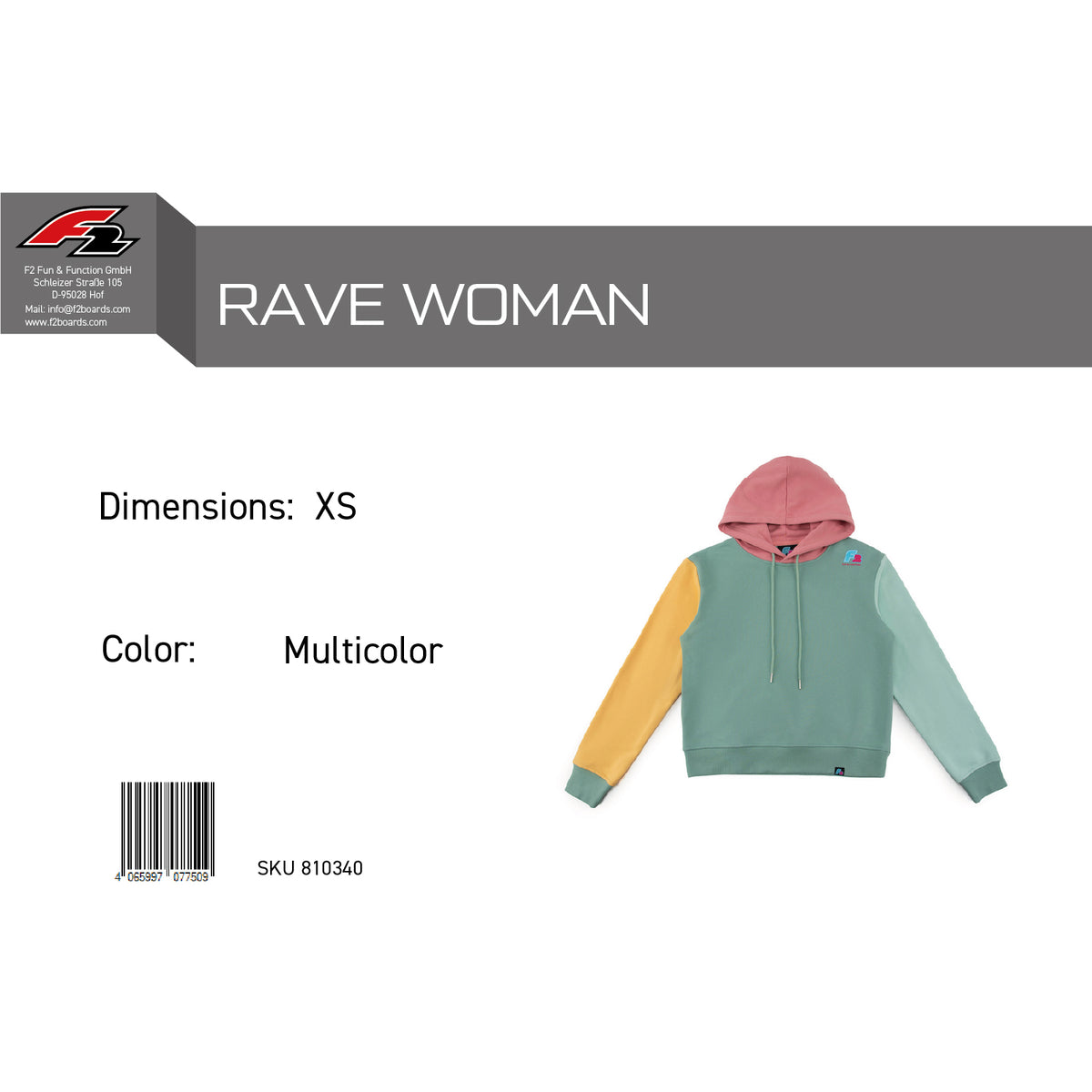 F2 Retro Rave Hoodie Damen Sweatshirt Pullover Multicolor - Größe wählbar